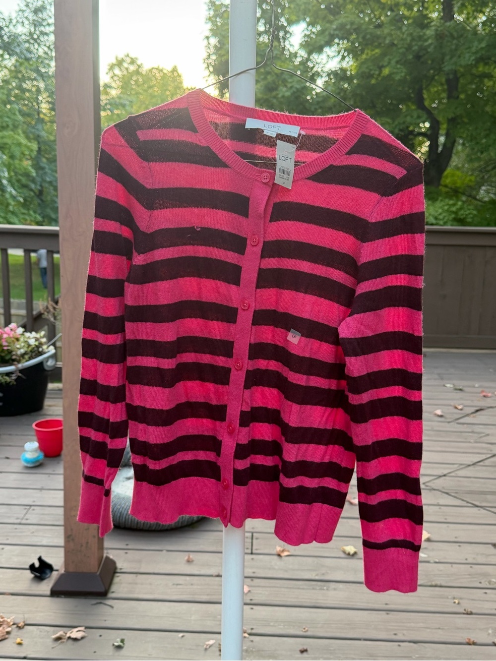 LOFT Hot Pink and Black Striped Button-Up Cardigan